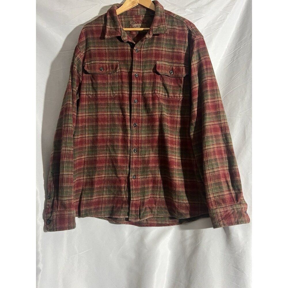 ORVIS Mens Red/Olive Green Shirt Jacket Side Pockets Heavy Cotton Flannel XXL